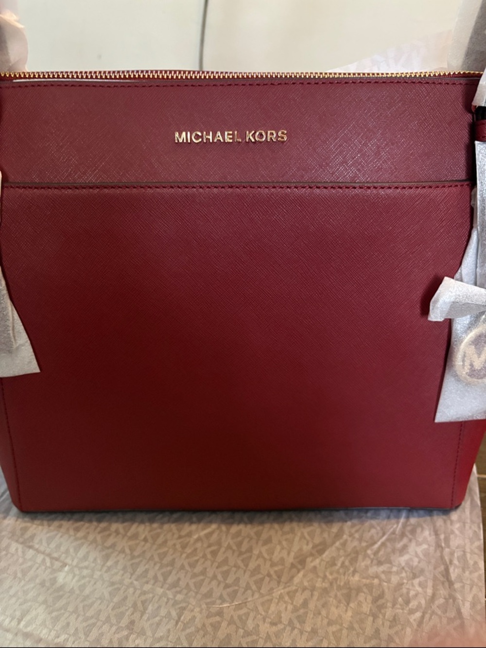 Michael Kors Red Saffiano Leather Tote with Gold Logo